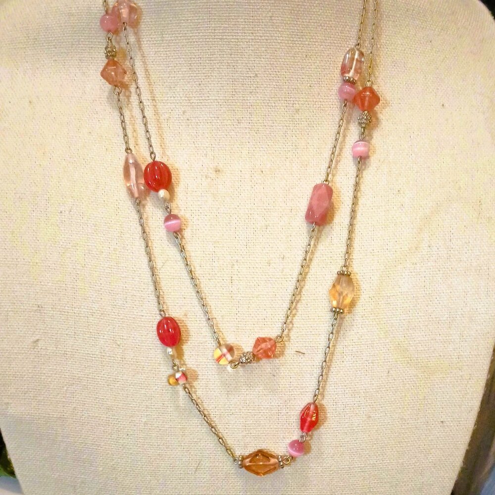 Lia Sophia Station Necklace 26" Pink Infrarose Glass Beads Silver Tone